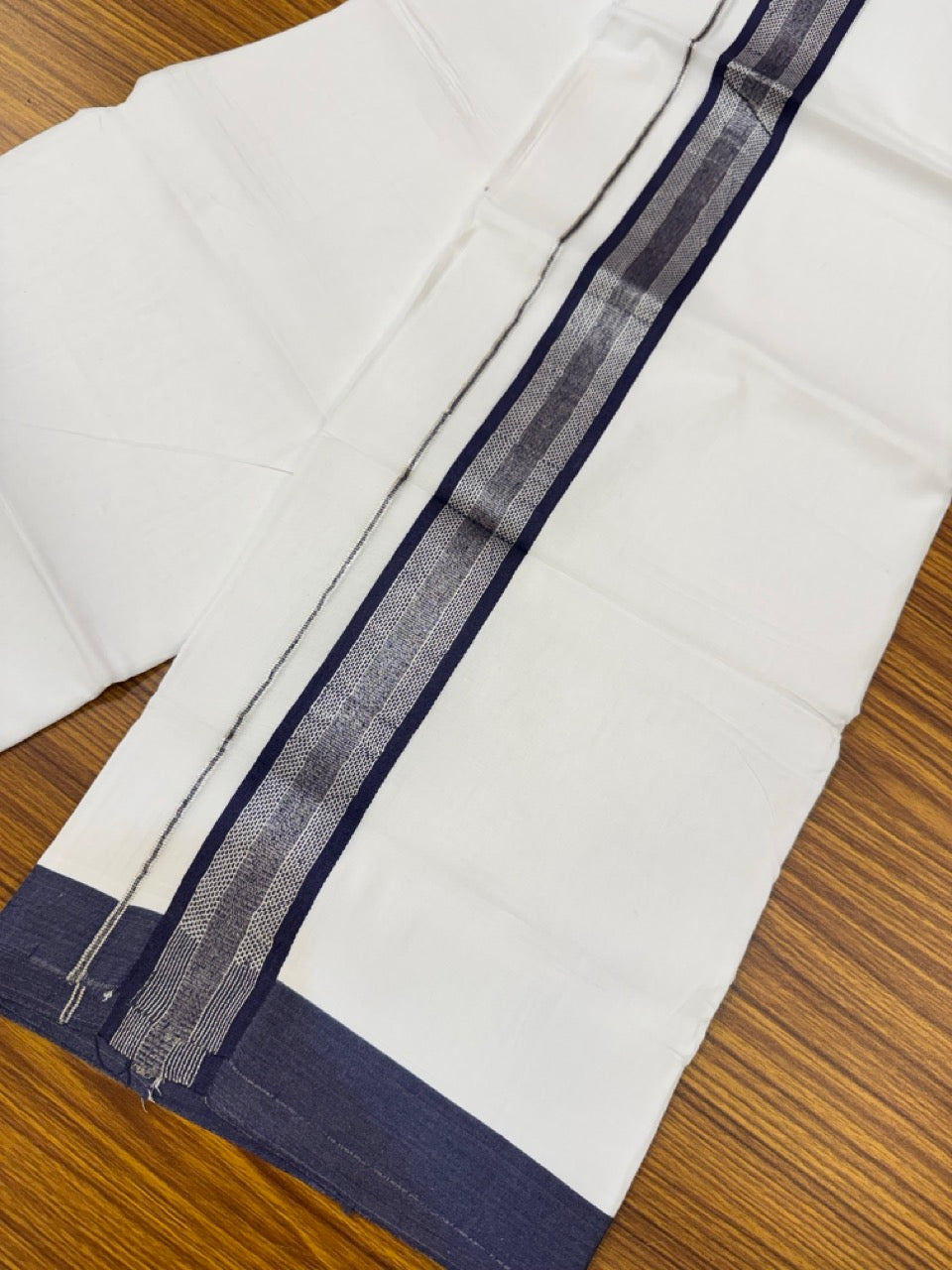 Pure White Double 20% Discount! KaithariKada 100% Cotton Pure Cotton Double Mundu / Dhoti - 100x80 - 1.5 inch Navy Blue Jacquard Silver Kasav Kara 3.80 meter (8 muzham) - 94 KK5220 THI