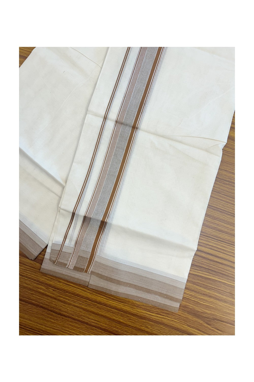 20% DISCOUNT! KaithariKada Balaramapuram 100% Cotton Double OFF WHITE (unbleached) Mundu/Dhoti- 100x80- 1.75 inch Silver Kasavu & Brown Stripes Shaded Kara 4 mtr (8.5 muzham) - 93KK5227 PMC