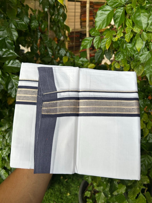 Pure White Double 20% Discount! KaithariKada 100% Cotton Pure Cotton Double Mundu / Dhoti - 100x80 - 1.5 inch Navy Blue Jacquard Silver Kasav Kara 3.80 meter (8 muzham) - 95 KK5220 THI