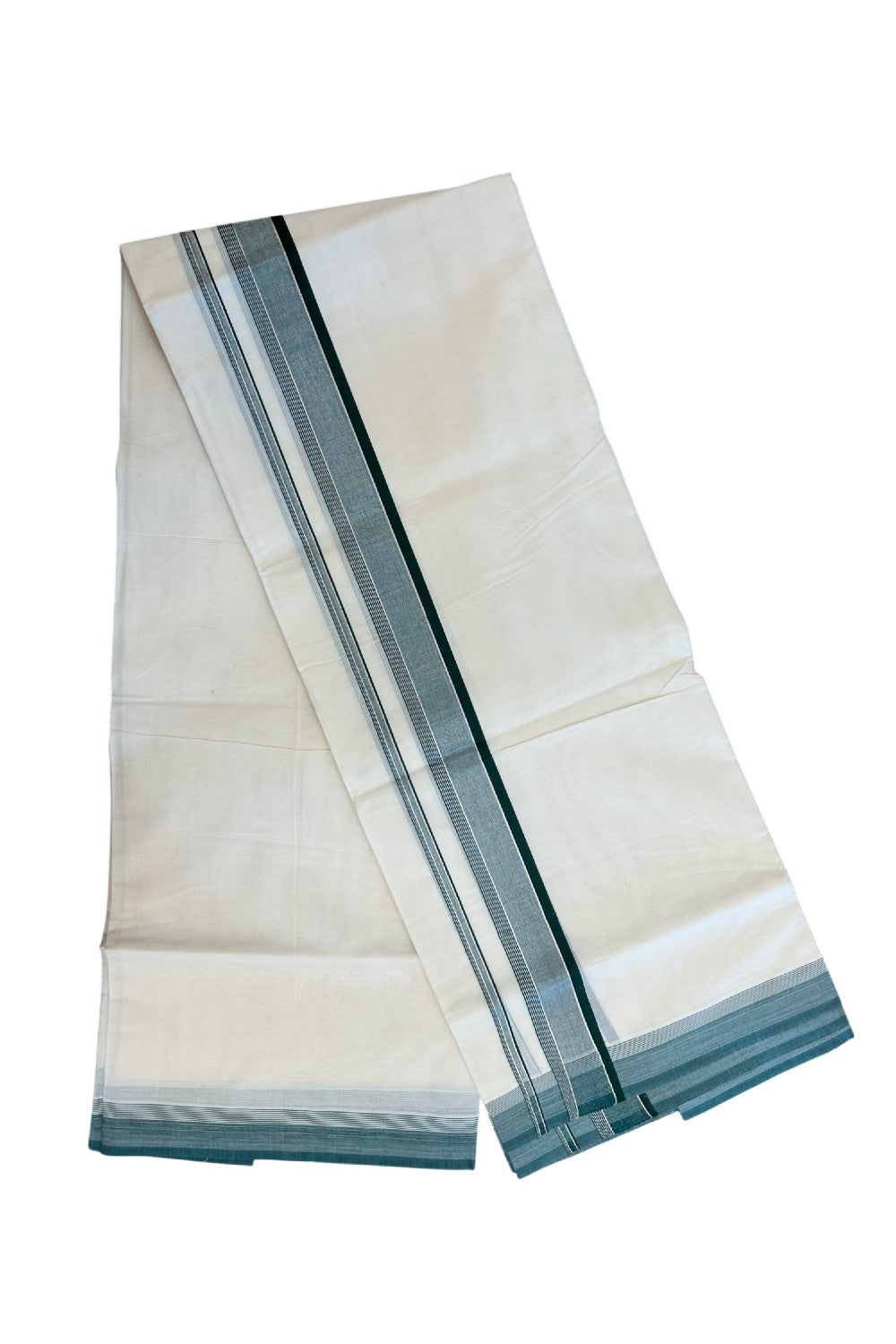 20% DISCOUNT! KaithariKada Balaramapuram 100% Cotton Double OFF WHITE (unbleached) Mundu/Dhoti- 100x80- 1.75 inch Silver Kasavu & Dark Green Stripes Shaded Kara 4 mtr (8.5 muzham) - 94KK5227 PMC