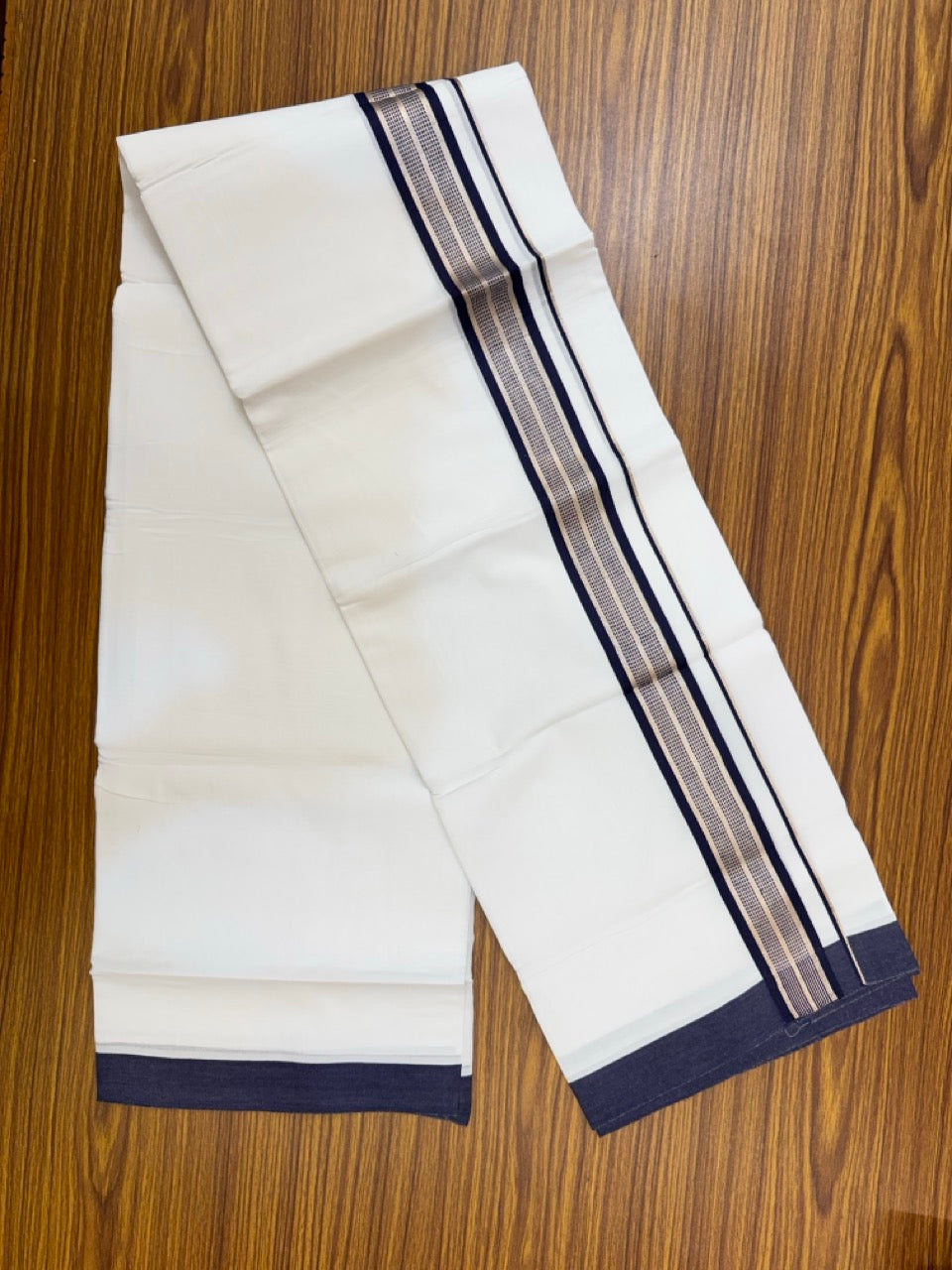 Pure White Double 20% Discount! KaithariKada 100% Cotton Pure Cotton Double Mundu / Dhoti - 100x80 - 1.5 inch Navy Blue Jacquard Silver Kasav Kara 3.80 meter (8 muzham) - 95 KK5220 THI