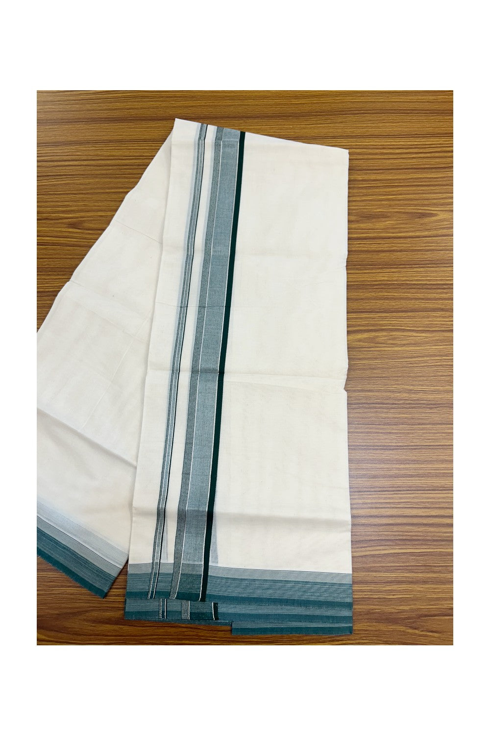 20% DISCOUNT! KaithariKada Balaramapuram 100% Cotton Double OFF WHITE (unbleached) Mundu/Dhoti- 100x80- 1.75 inch Silver Kasavu & Dark Green Stripes Shaded Kara 4 mtr (8.5 muzham) - 94KK5227 PMC
