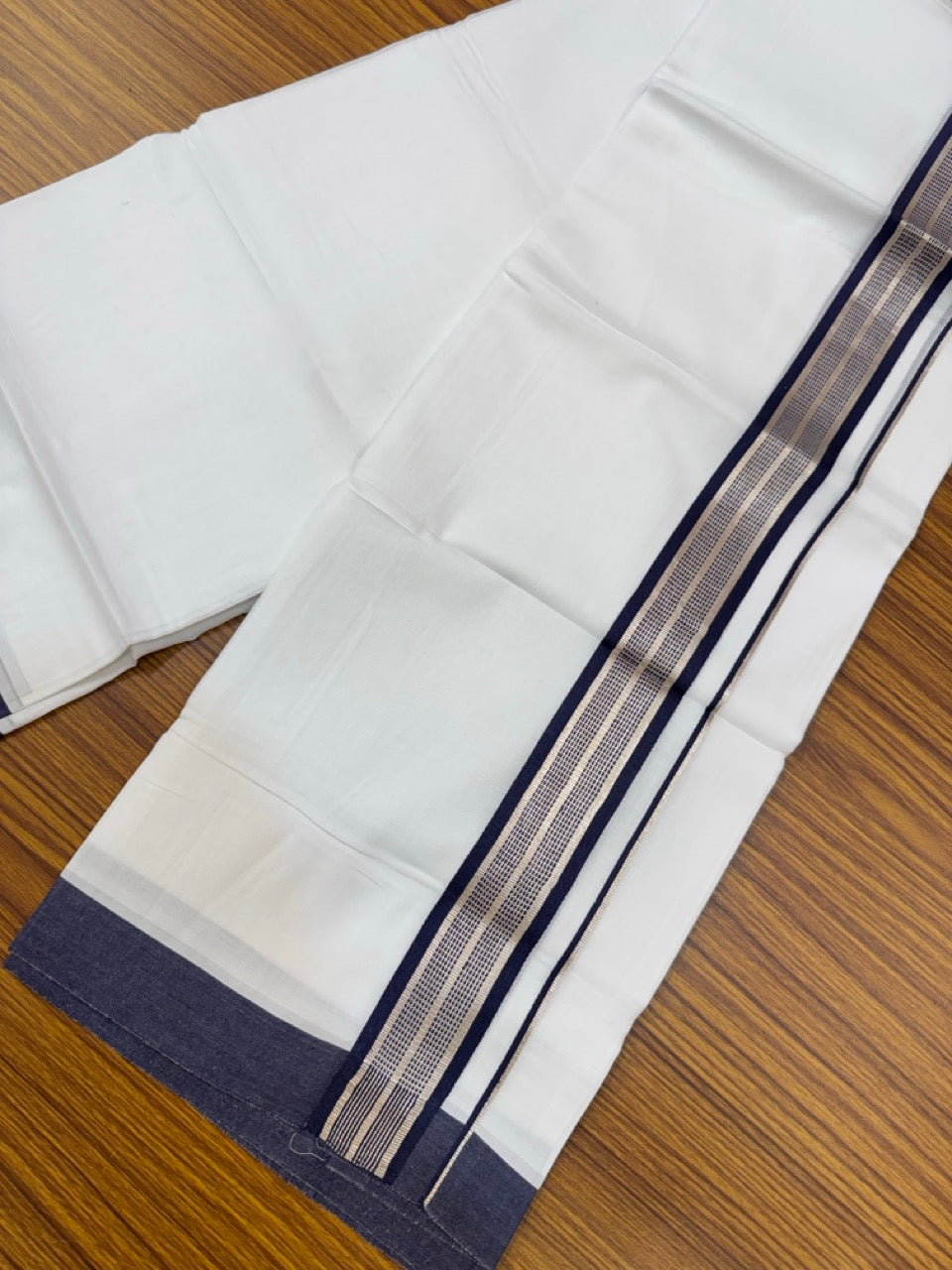 Pure White Double 20% Discount! KaithariKada 100% Cotton Pure Cotton Double Mundu / Dhoti - 100x80 - 1.5 inch Navy Blue Jacquard Silver Kasav Kara 3.80 meter (8 muzham) - 95 KK5220 THI