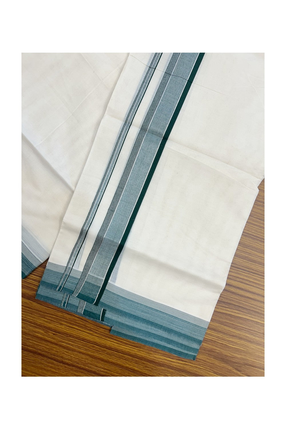 20% DISCOUNT! KaithariKada Balaramapuram 100% Cotton Double OFF WHITE (unbleached) Mundu/Dhoti- 100x80- 1.75 inch Silver Kasavu & Dark Green Stripes Shaded Kara 4 mtr (8.5 muzham) - 94KK5227 PMC