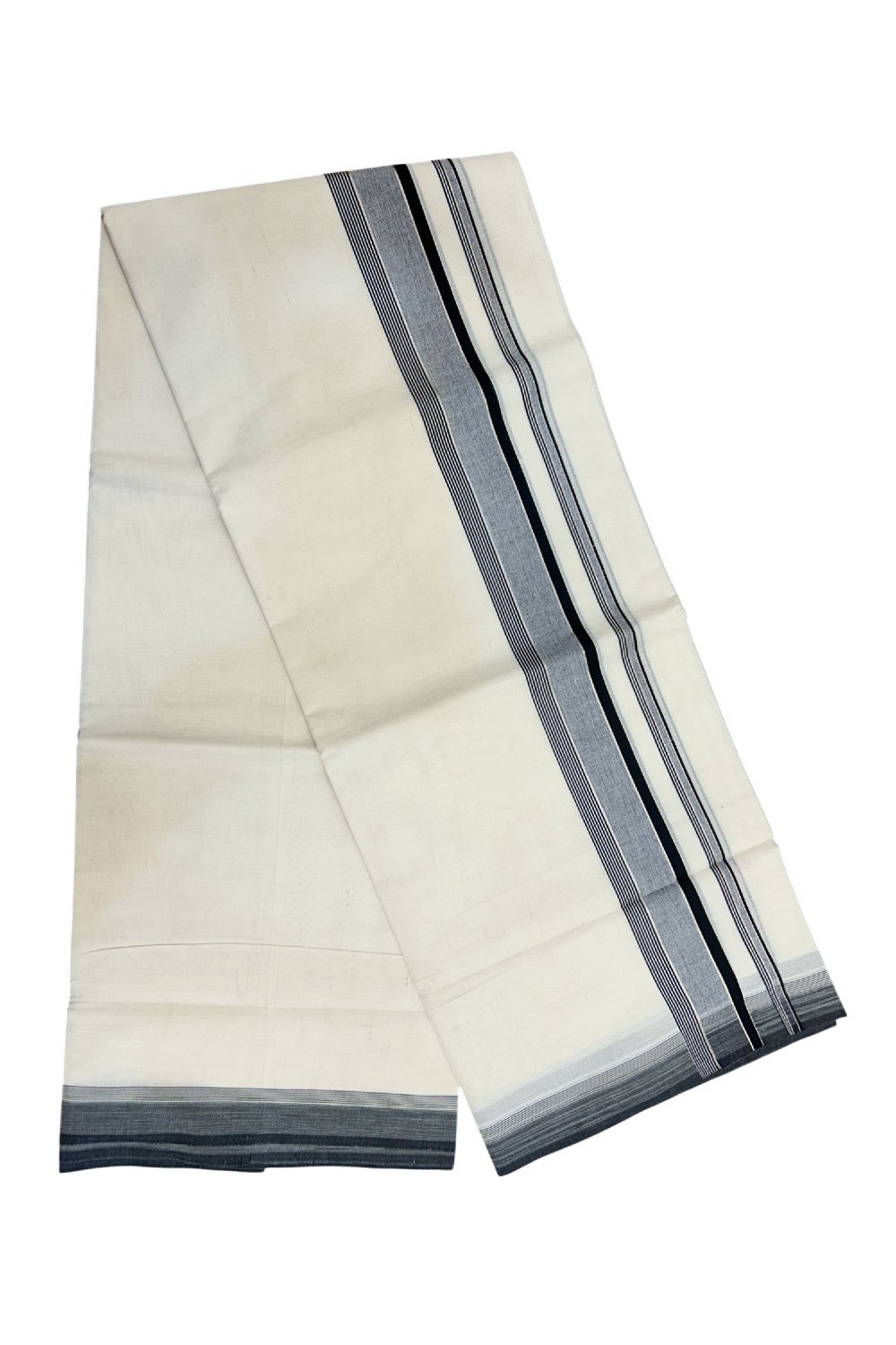 20% DISCOUNT! KaithariKada Balaramapuram 100% Cotton Double OFF WHITE (unbleached) Mundu/Dhoti- 100x80- 1.75 inch Silver Kasavu & Black Stripes Shaded Kara 4 mtr (8.5 muzham) - 95KK5227 PMC