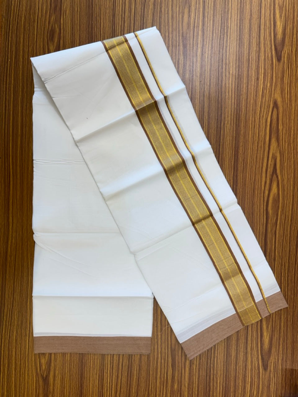 Pure White Double 20% Discount! KaithariKada 100% Cotton Pure Cotton Double Mundu / Dhoti - 100x80 - 1.75 inch Brown Jacquard Gold Kasav Kara 3.80 meter (8 muzham) - 96 KK5220 THI