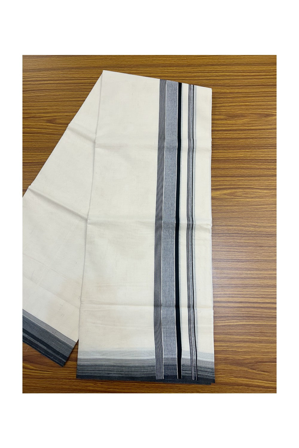 20% DISCOUNT! KaithariKada Balaramapuram 100% Cotton Double OFF WHITE (unbleached) Mundu/Dhoti- 100x80- 1.75 inch Silver Kasavu & Black Stripes Shaded Kara 4 mtr (8.5 muzham) - 95KK5227 PMC