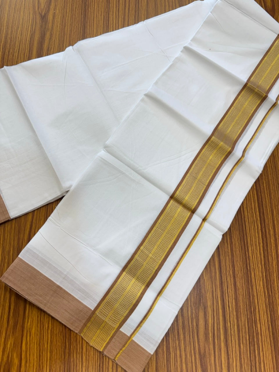 Pure White Double 20% Discount! KaithariKada 100% Cotton Pure Cotton Double Mundu / Dhoti - 100x80 - 1.75 inch Brown Jacquard Gold Kasav Kara 3.80 meter (8 muzham) - 96 KK5220 THI
