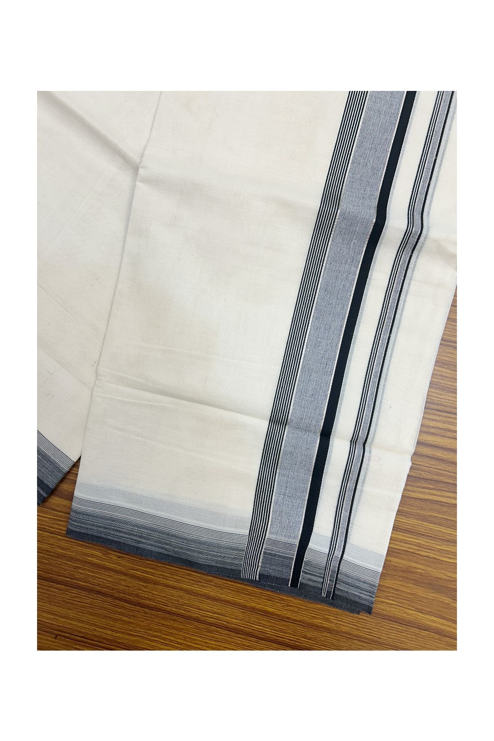 20% DISCOUNT! KaithariKada Balaramapuram 100% Cotton Double OFF WHITE (unbleached) Mundu/Dhoti- 100x80- 1.75 inch Silver Kasavu & Black Stripes Shaded Kara 4 mtr (8.5 muzham) - 95KK5227 PMC