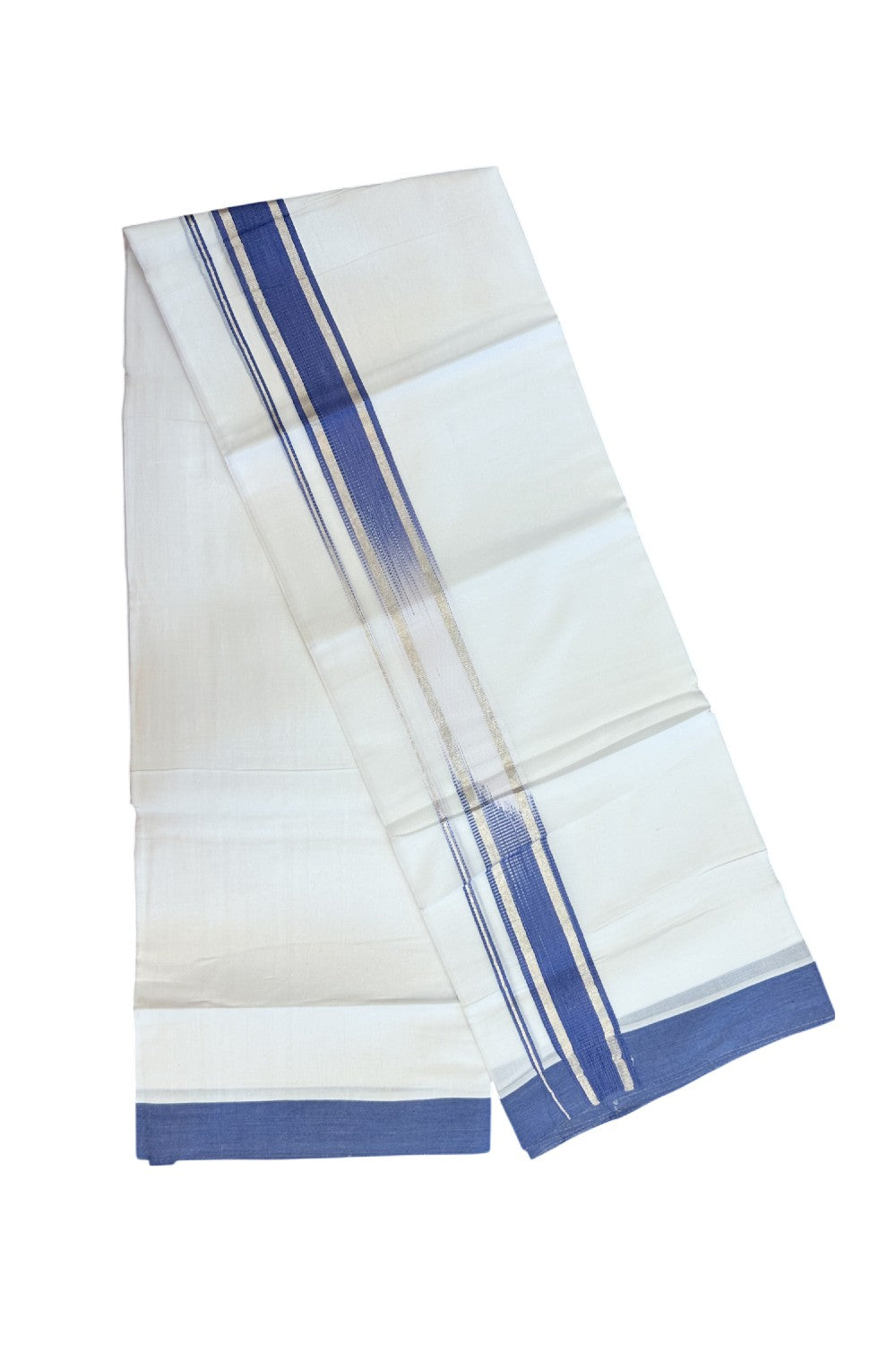 20% Discount ! Kaitharikada Balaramapuram 100% Cotton PURE WHITE Double RAINBOW Mundu/Dothi - 100x80 - 1.75 inch Silver Kasav Violet Blue Stripes Kara 4 mtr (8.5 muzham) - 96KK5220 THI