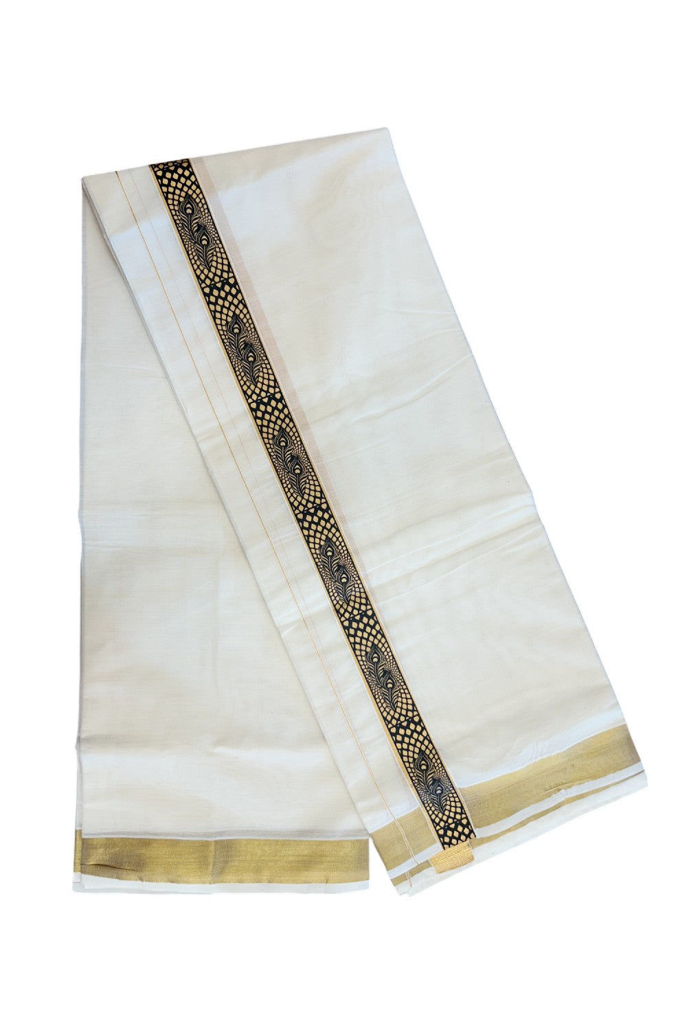 20% Discount!! KaithariKada Balaramapuram Mixed Cotton DOUBLE OFF WHITE - (Unbleached) Mundu/Dhoti - 80x72 - 1.25 inch Kasavu & Black Peacock feather Printed Design Kara - 97KK5227 PMC