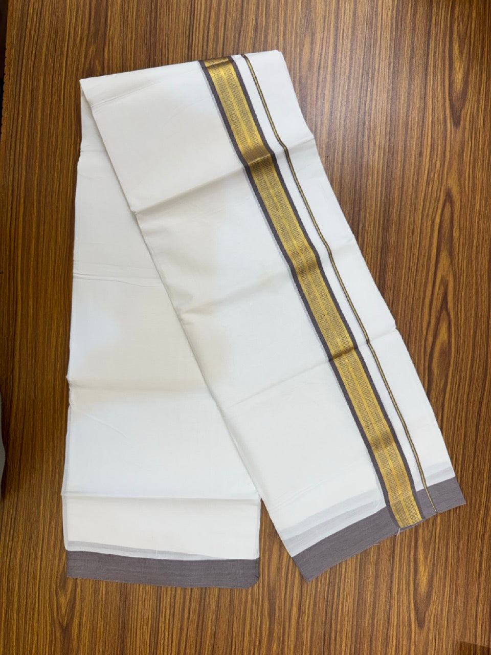 Pure White Double 20% Discount! KaithariKada 100% Cotton Pure Cotton Double Mundu / Dhoti - 100x80 - 1.5 inch Ash Lavender mix Jacquard Gold Kasav Kara 3.80 meter (8 muzham) - 97 KK5220 THI
