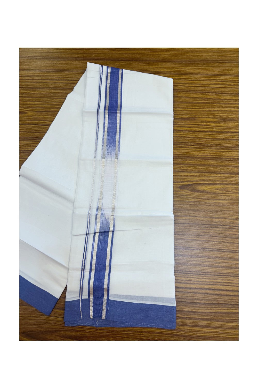 20% Discount ! Kaitharikada Balaramapuram 100% Cotton PURE WHITE Double RAINBOW Mundu/Dothi - 100x80 - 1.75 inch Silver Kasav Violet Blue Stripes Kara 4 mtr (8.5 muzham) - 96KK5220 THI