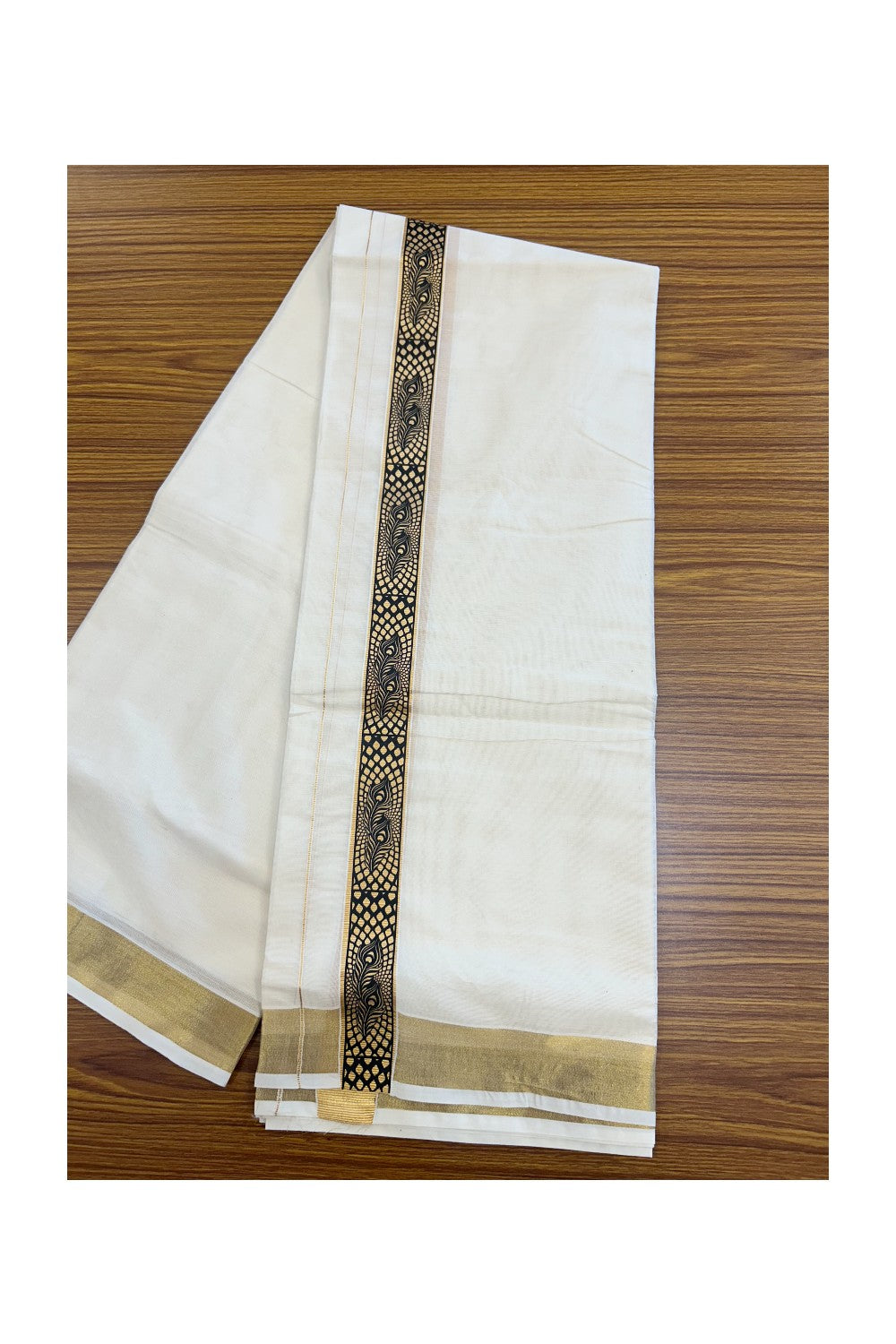 20% Discount!! KaithariKada Balaramapuram Mixed Cotton DOUBLE OFF WHITE - (Unbleached) Mundu/Dhoti - 80x72 - 1.25 inch Kasavu & Black Peacock feather Printed Design Kara - 97KK5227 PMC