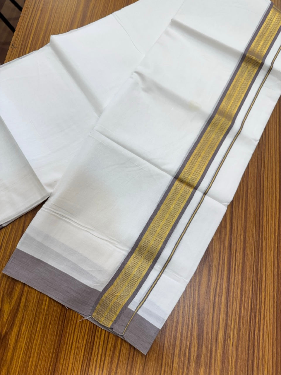 Pure White Double 20% Discount! KaithariKada 100% Cotton Pure Cotton Double Mundu / Dhoti - 100x80 - 1.5 inch Ash Lavender mix Jacquard Gold Kasav Kara 3.80 meter (8 muzham) - 97 KK5220 THI