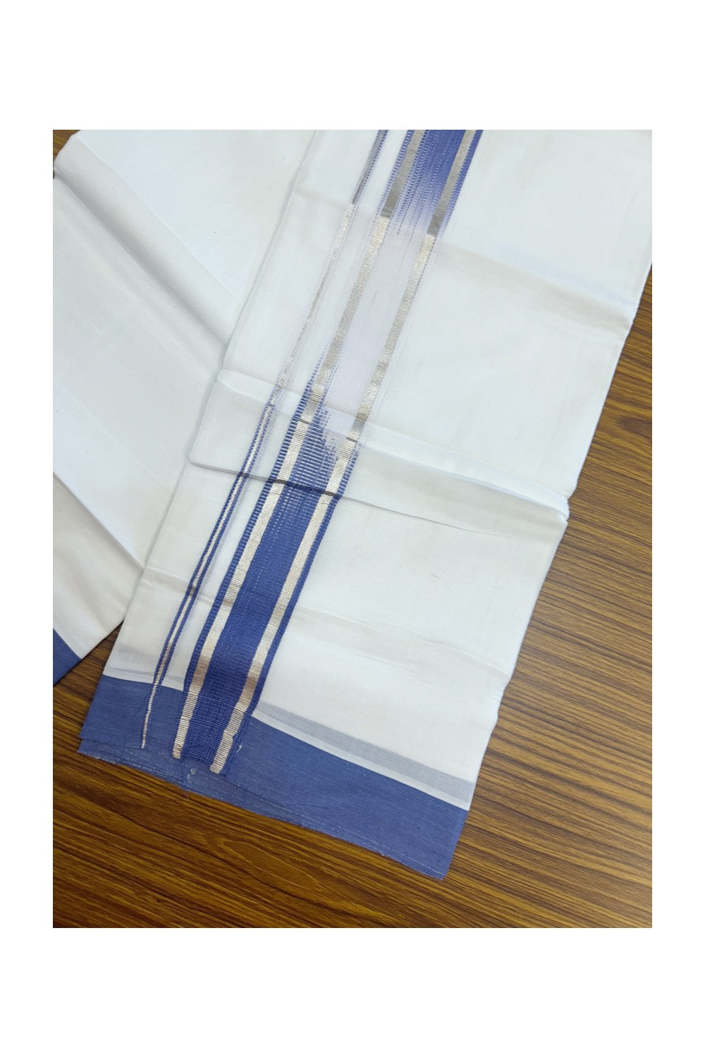 20% Discount ! Kaitharikada Balaramapuram 100% Cotton PURE WHITE Double RAINBOW Mundu/Dothi - 100x80 - 1.75 inch Silver Kasav Violet Blue Stripes Kara 4 mtr (8.5 muzham) - 96KK5220 THI