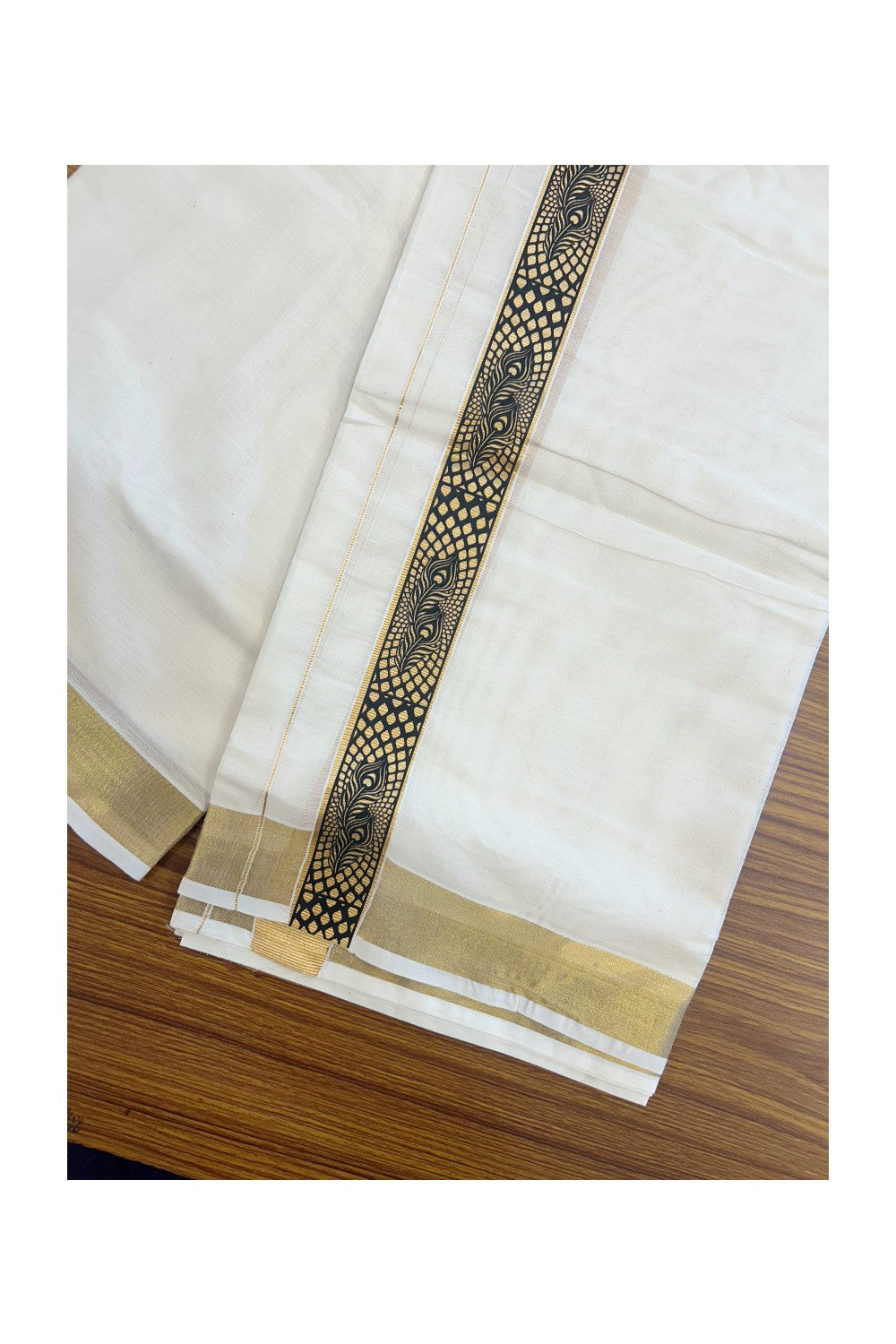 20% Discount!! KaithariKada Balaramapuram Mixed Cotton DOUBLE OFF WHITE - (Unbleached) Mundu/Dhoti - 80x72 - 1.25 inch Kasavu & Black Peacock feather Printed Design Kara - 97KK5227 PMC