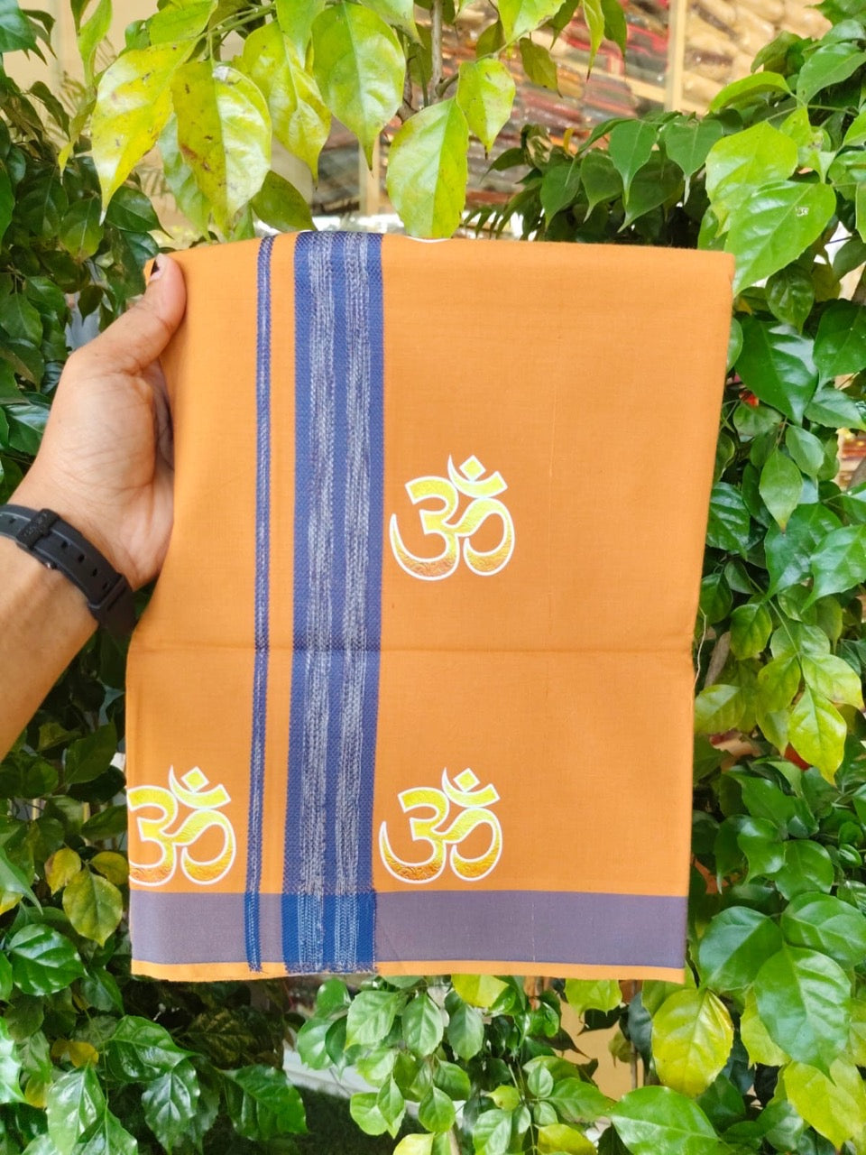 34% Discount ! Kaitharikada Pure Cotton - Single Kaily / Lungi -(40s)- 1.25 inch Blue Striped Ohm Printed Design kara with Kavi colour body (2 meter / 4 muzham) - 59 KK8028 GAN