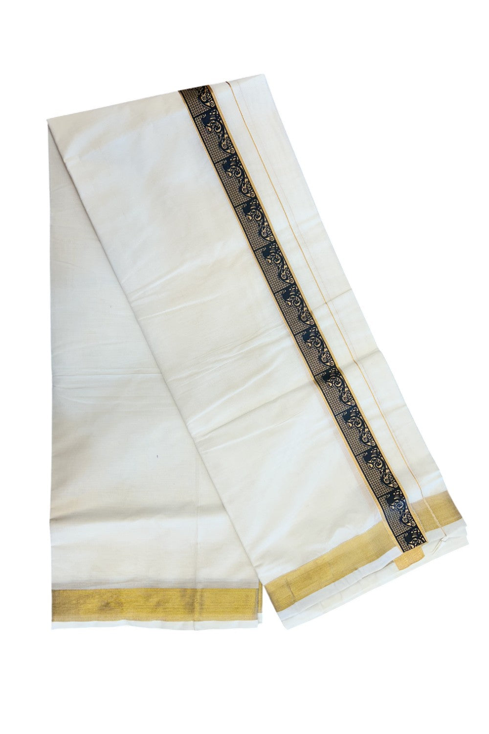 20% Discount!! KaithariKada Balaramapuram Mixed Cotton DOUBLE OFF WHITE - (Unbleached) Mundu/Dhoti - 80x72 - 1.5 inch Kasavu & Black Pattern Printed Design Kara - 98KK5227 PMC