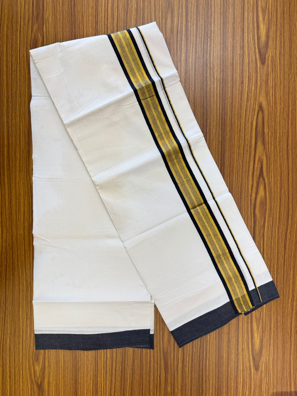 Pure White Double 20% Discount! KaithariKada 100% Cotton Pure Cotton Double Mundu / Dhoti - 100x80 - 1.5 inch Black Jacquard Gold Kasav Kara 3.80 meter (8 muzham) - 98 KK5220 THI