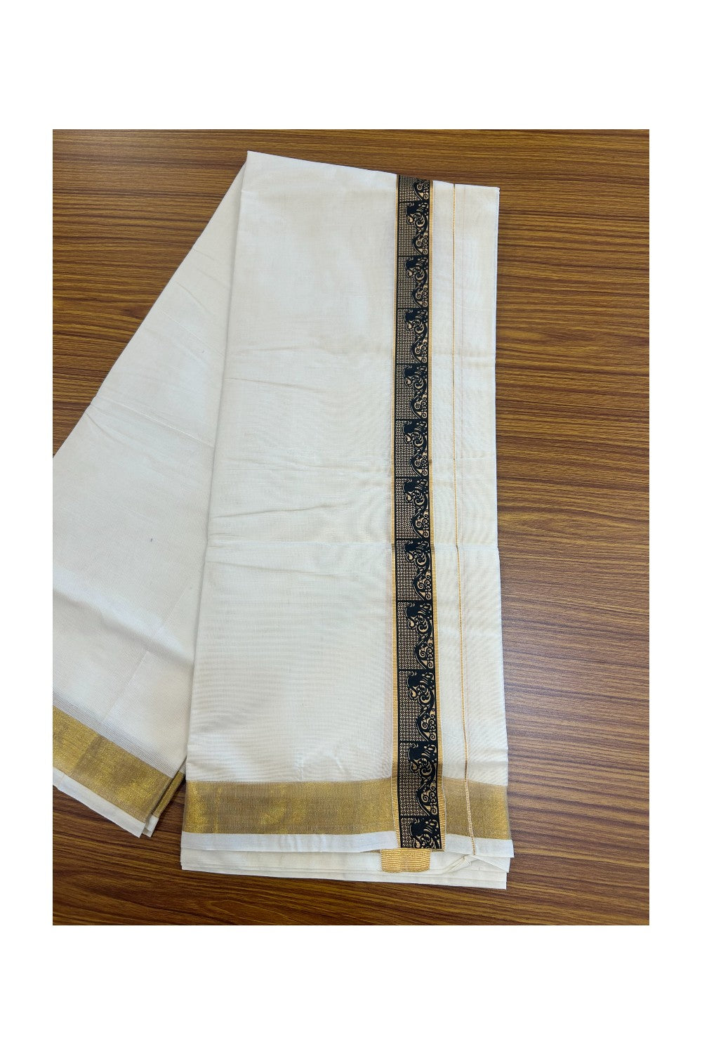 20% Discount!! KaithariKada Balaramapuram Mixed Cotton DOUBLE OFF WHITE - (Unbleached) Mundu/Dhoti - 80x72 - 1.5 inch Kasavu & Black Pattern Printed Design Kara - 98KK5227 PMC