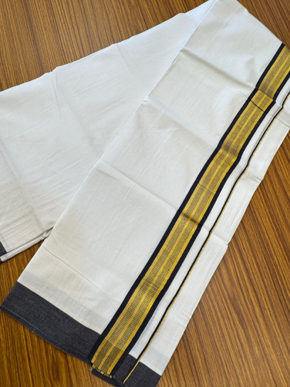 Pure White Double 20% Discount! KaithariKada 100% Cotton Pure Cotton Double Mundu / Dhoti - 100x80 - 1.5 inch Black Jacquard Gold Kasav Kara 3.80 meter (8 muzham) - 98 KK5220 THI