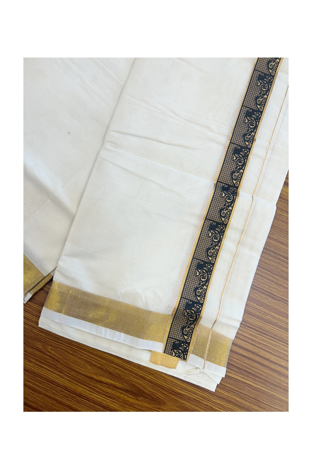 20% Discount!! KaithariKada Balaramapuram Mixed Cotton DOUBLE OFF WHITE - (Unbleached) Mundu/Dhoti - 80x72 - 1.5 inch Kasavu & Black Pattern Printed Design Kara - 98KK5227 PMC