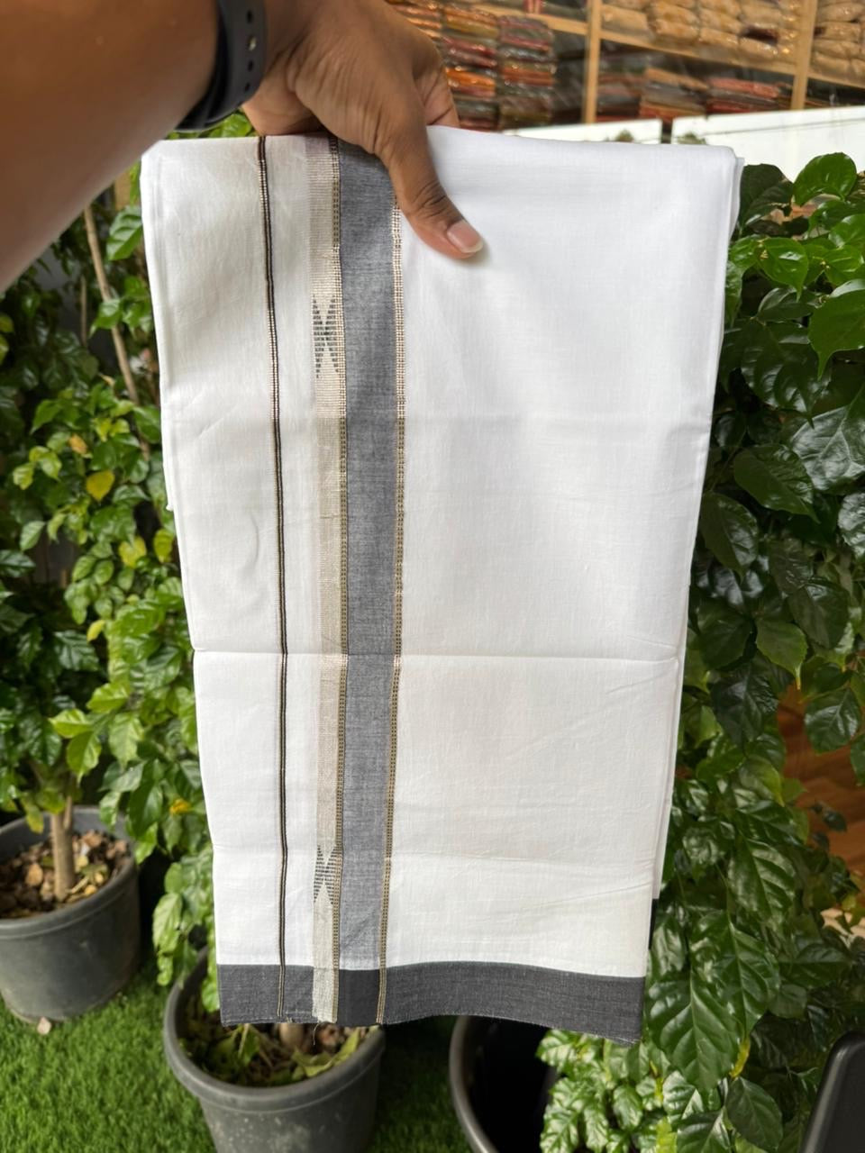 20% Discount ! Kaitharikada Balaramapuram 100% Cotton Pure White Double Mundu/Dothi - 100x80 - 1.5 inch Black & Silver Kasav Design Kara 4 mtr (8.5 muzham) - 69 KK5255 VAS