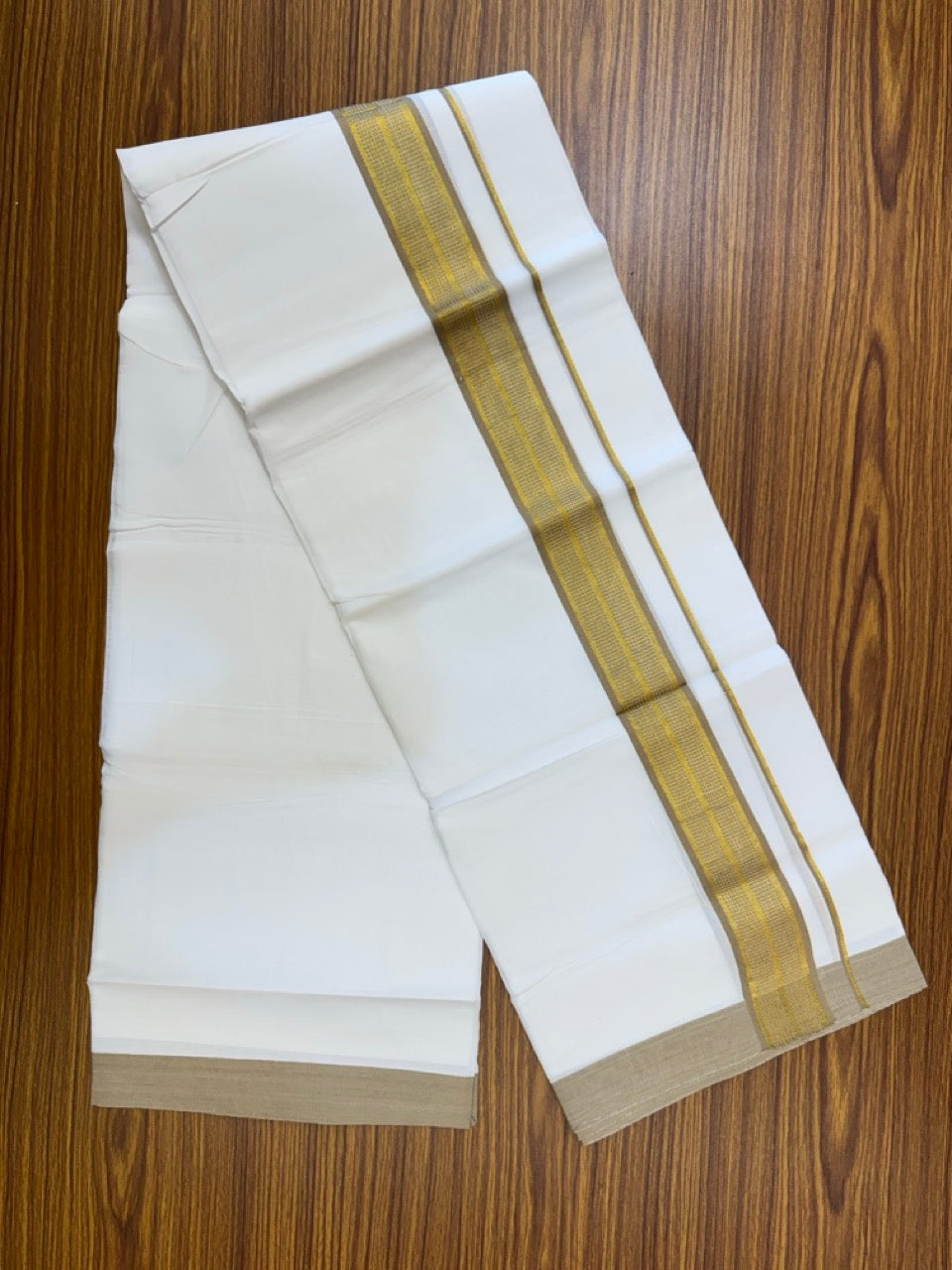 Pure White Double 20% Discount! KaithariKada 100% Cotton Pure Cotton Double Mundu / Dhoti - 100x80 - 1.5 inch Light Brown Jacquard Gold Kasav Kara 3.80 meter (8 muzham) - 99 KK5220 THI