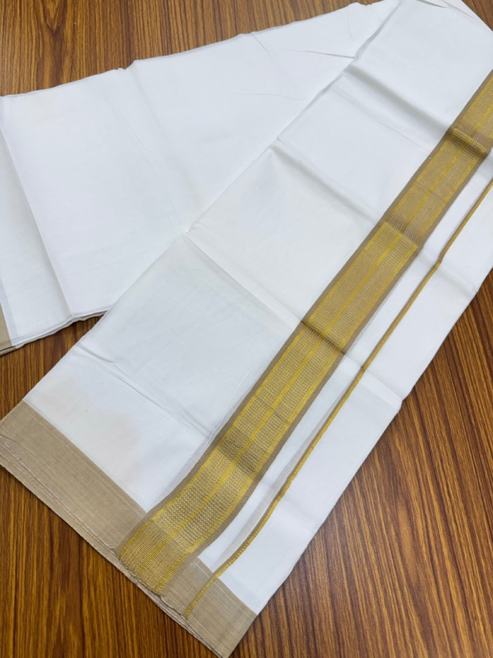 Pure White Double 20% Discount! KaithariKada 100% Cotton Pure Cotton Double Mundu / Dhoti - 100x80 - 1.5 inch Light Brown Jacquard Gold Kasav Kara 3.80 meter (8 muzham) - 99 KK5220 THI
