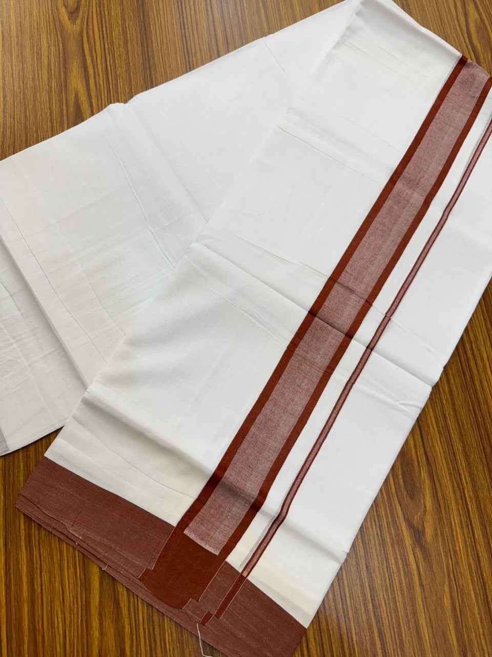 20% Discount ! KaithariKada Balaramapuram 100% Cotton Double Pure white Mundu/Dhoti- 100x80 - 1.75 inch Brick Orange shaded Kara - 3.90mtr ( 8 muzham) - 32 KK5251 PMC