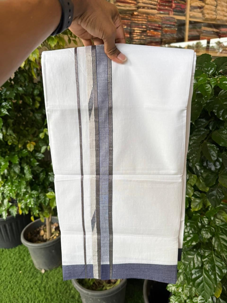 20% Discount ! Kaitharikada Balaramapuram 100% Cotton Pure White Double Mundu/Dothi - 100x80 - 1.5 inch Navy Blue & Silver Kasav Design Kara 4 mtr (8.5 muzham) - 68 KK5255 VAS