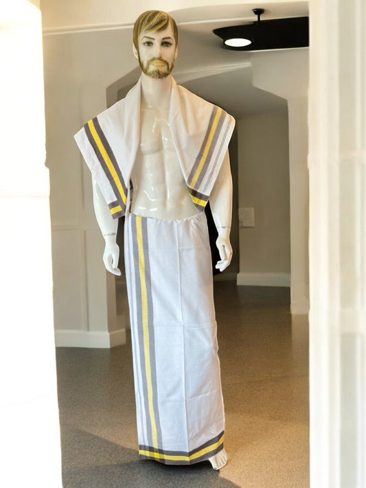 14% DISCOUNT!! Kaitharikada Soft cotton & Thick material 40s thread - Single Kaily / Lungi & Neriyath set - 4 inch Yellow & Brown kara - 3KK8001AS