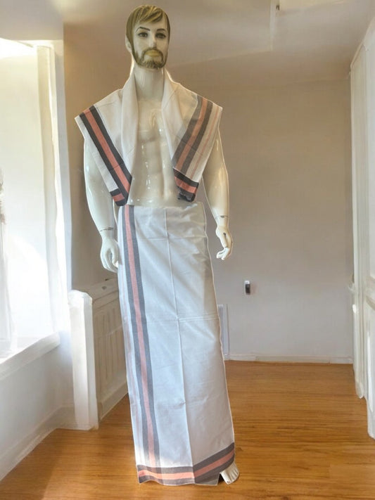 14% DISCOUNT!! Kaitharikada Soft & Thick material 40s thread - Single Kaily / Lungi & Neriyath set - 4 inch Peach & Brown kara - 4KK8001AS