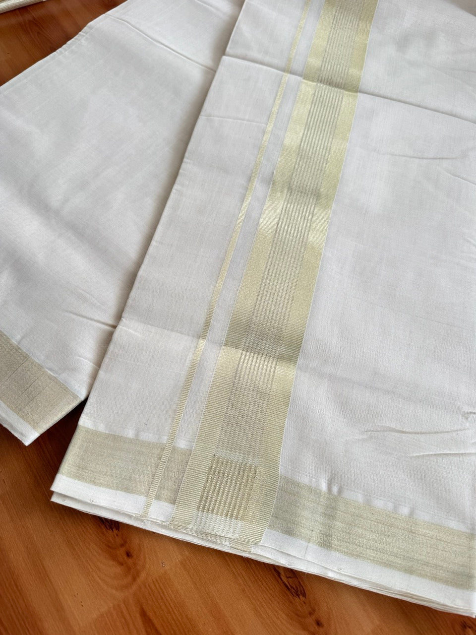 Off White (Unbleached) Double Mundu/Dhoti - 25% Discount!! KaithariKada Handloom Unakkupaav - Kerala Handloom - 100% Pure Cotton - 80x90 - 2 inch Antique Light Gold Kasav Stripes Kara 4 Meters (8.5 Muzham) - 23 KK5507 RAM