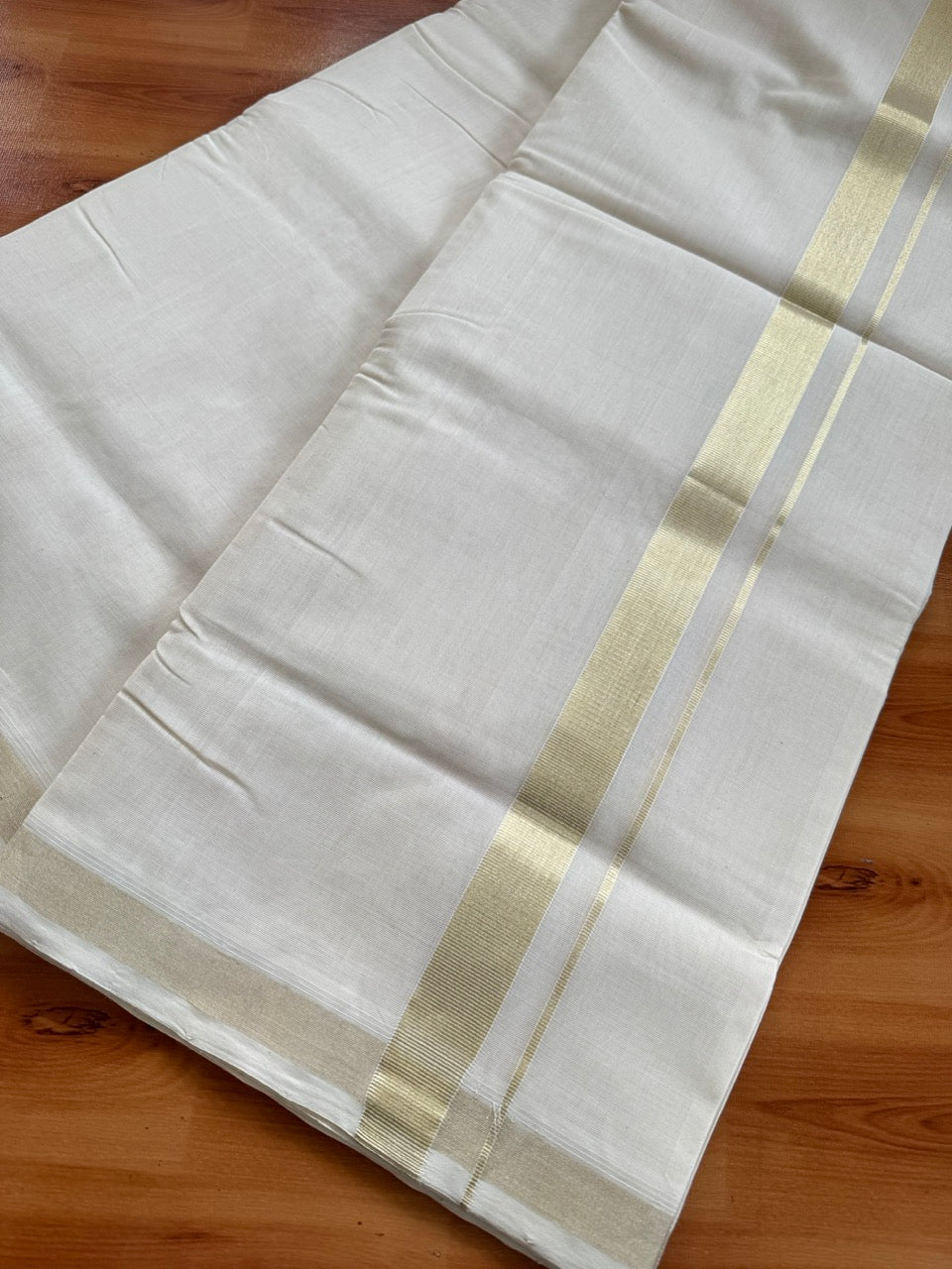 Off White (Unbleached) Double Mundu/Dhoti - 25% Discount!! KaithariKada Handloom Unakkupaav - Kerala Handloom - 100% Pure Cotton - 80x90 - 1 inch Antique Light Gold Kasav Kara 4 Meters (8.5 Muzham) - 28 KK5507 RAM