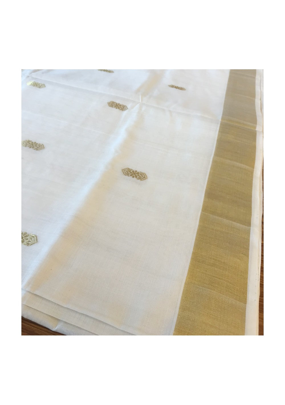 KaithariKada HANDLOOM MILPAAV Balaramapuram Kerala Saree for Women- 100% PURE Cotton - 24 Inch Gold Kasavu ROSE FLOWER PATTERN DESIGN Kara - 1.