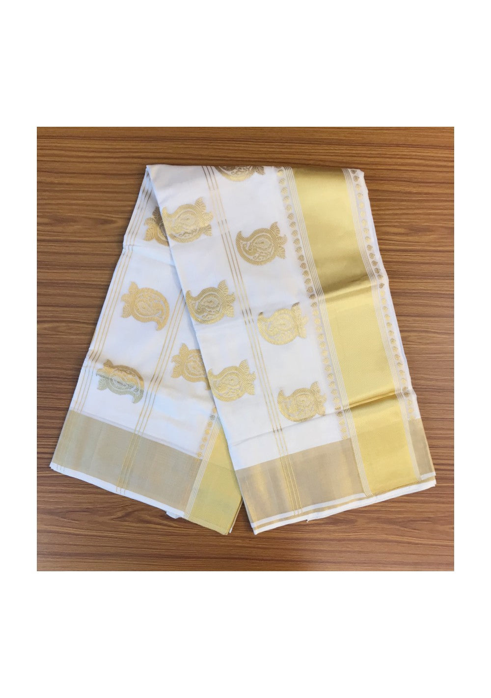 KaithariKada HANDLOOM MILPAAV Balaramapuram Kerala Saree for Women- 100% PURE Cotton - 24 Inch Gold Kasavu MANGO PATTERN DESIGN Kara-7.