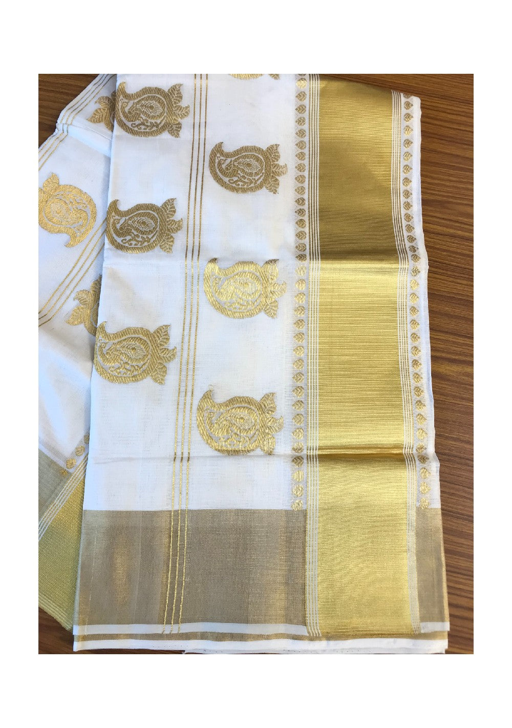 KaithariKada HANDLOOM MILPAAV Balaramapuram Kerala Saree for Women- 100% PURE Cotton - 24 Inch Gold Kasavu MANGO PATTERN DESIGN Kara-7.
