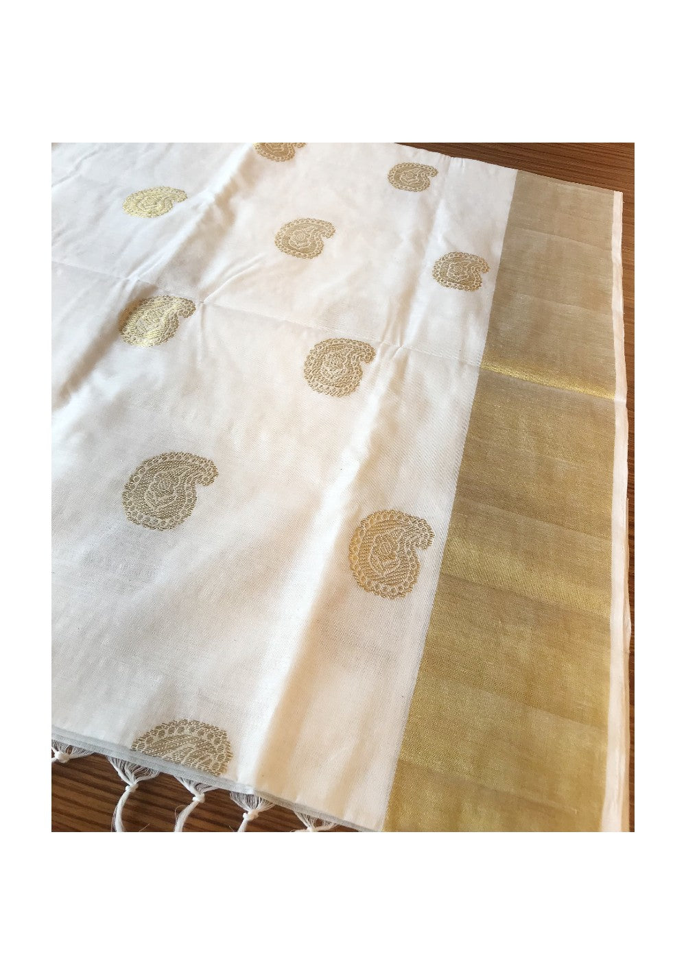 KaithariKada HANDLOOM MILPAAV Balaramapuram Kerala Saree for Women- 100% PURE COTTON - 12 Inch Gold Kasavu MANGO & TEMPLE DESIGN WITH KUNJALAM Kara - 13.