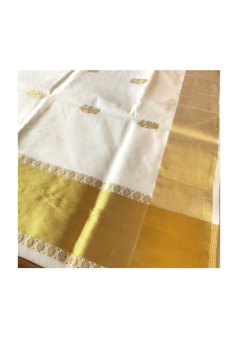 KaithariKada HANDLOOM MILPAAV Balaramapuram Kerala Saree for Women- 100% PURE COTTON - 5.25 Inch Gold KASAVU ROSE FLOWER PATTERN DESIGN KUNJALAM Kara - 19.