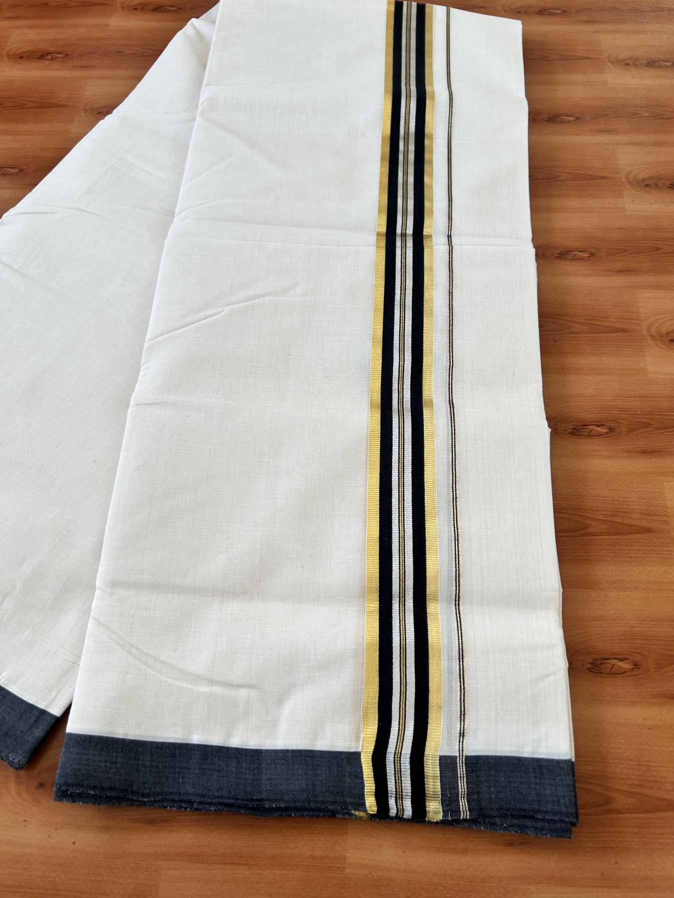Double Off White - (Unbleached) Mundu/Dhoti - 25% Discount! KaithariKada Handloom Millpaav Kerala Handloom - Pure Cotton - (80X90) - 1.5 inch Gold & Silver Kasav Black Striped Kara 4 mtr (8.5 Muzham) - 10 KK5403 RAM