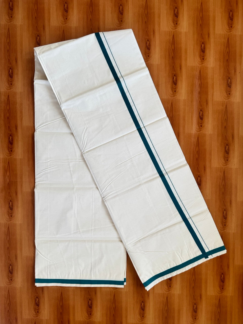 Single Off white 100% Pure Cotton Mundu/Dhoti (Unbleached) - KaithariKada (40s) - 1 cm Peacock Green Kara (2 meter / 4 muzham) - 1 KK5472 MC