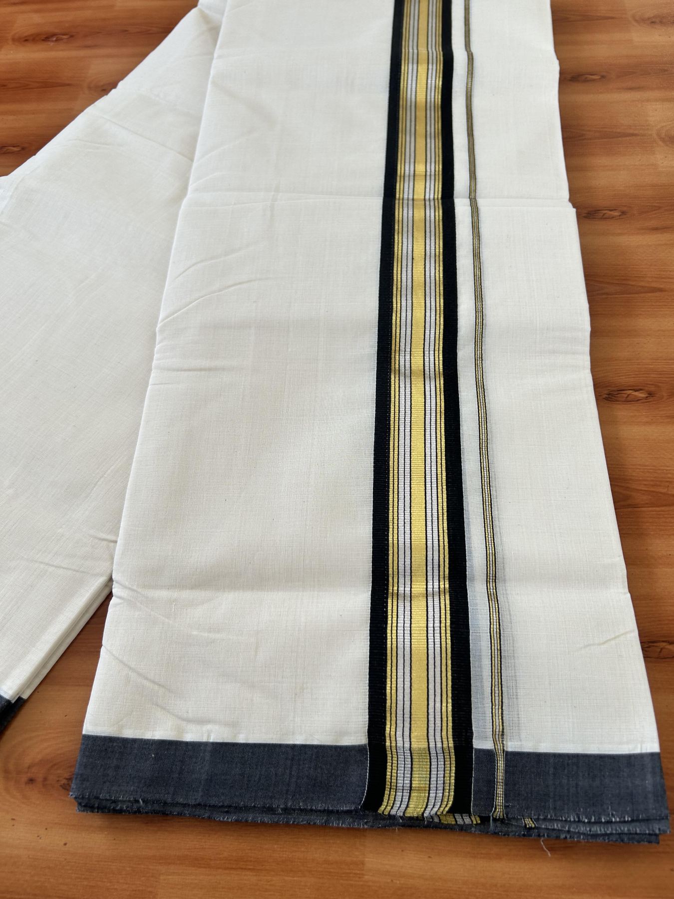 Double Off White - (Unbleached) Mundu/Dhoti - 25% Discount! KaithariKada Handloom Millpaav Kerala Handloom - Pure Cotton - (80X90) - 1.5 inch Gold & Silver Kasav Black Striped Kara 4 mtr (8.5 Muzham) - 12 KK5403 RAM