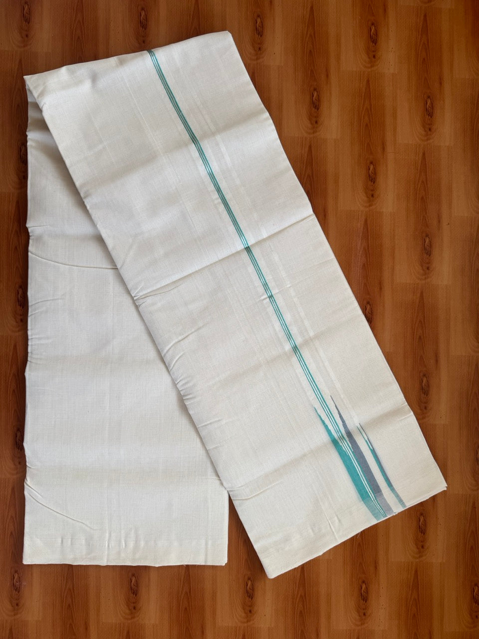 25% Discount! KaithariKada Handloom Unakkupaav Kerala Handloom 100% Pure Cotton Off White - (Unbleached) Double Mundu/Dothi - 100X80 - 0.75 inch Puliyilakkara Silver Kasav Light Sea Green & Grey Double chutty Kara 4 meter (8.5 Muzham) - 3 KK5473 REA