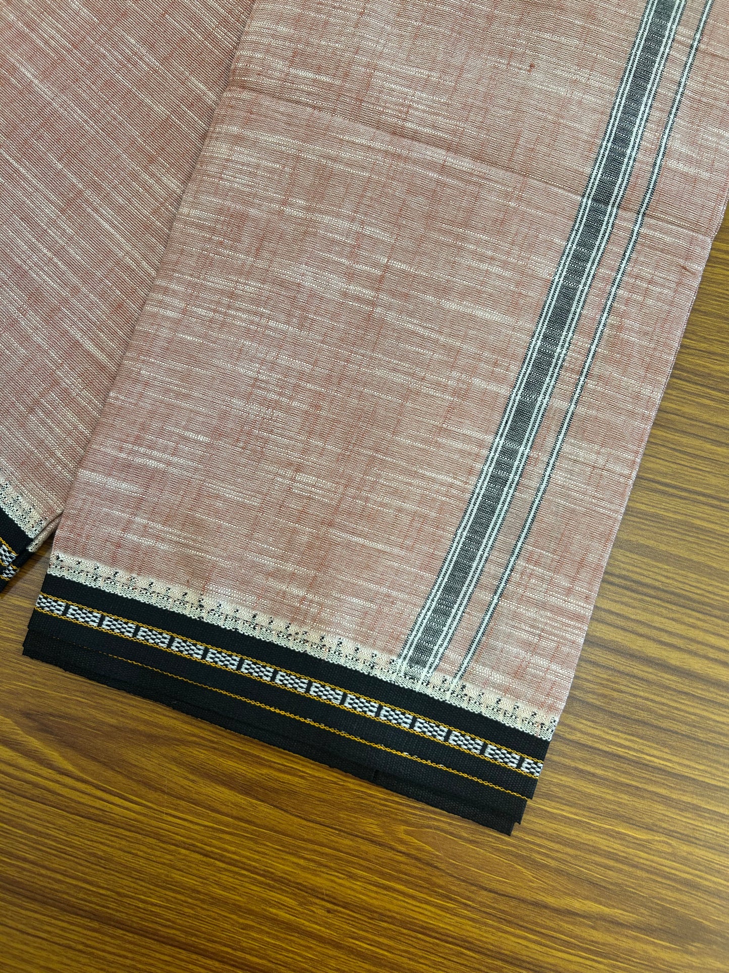 Premium Kathar Type Mund Pure cotton - Kaitharikada - Single Kaily / Lungi - 0.75 inch Black Kara and Black kuppadam Border with Peach White Shaded colour body (2 meter / 4 muzham)-49 KK8050 MUT
