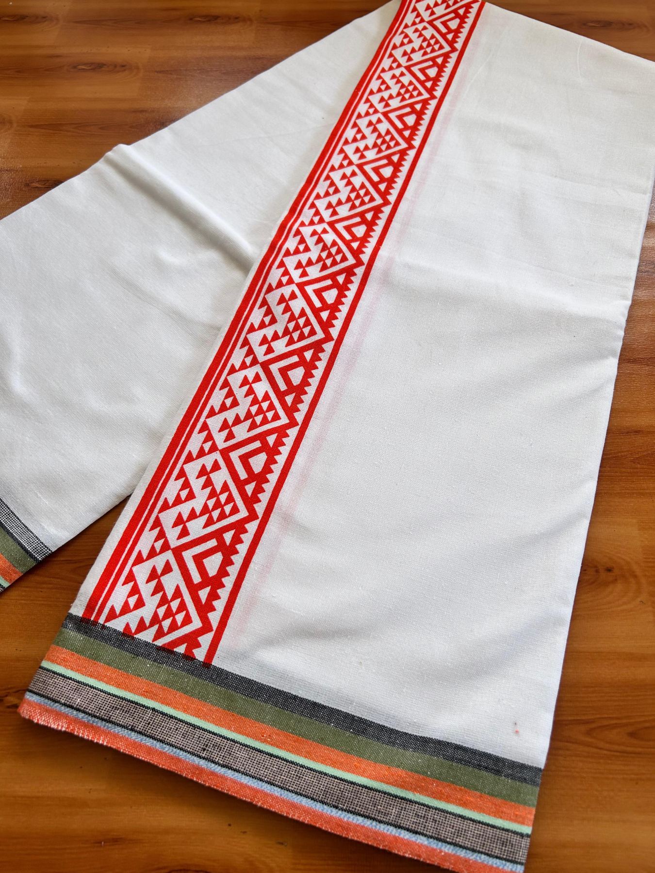 Kaitharikada - Single Kaily / Lungi - Mixed Cotton - 40s twisted - 2.5 inch Orange Printed kara with White colour body (2 meter / 4 muzham) - 21 KK8074 SAT