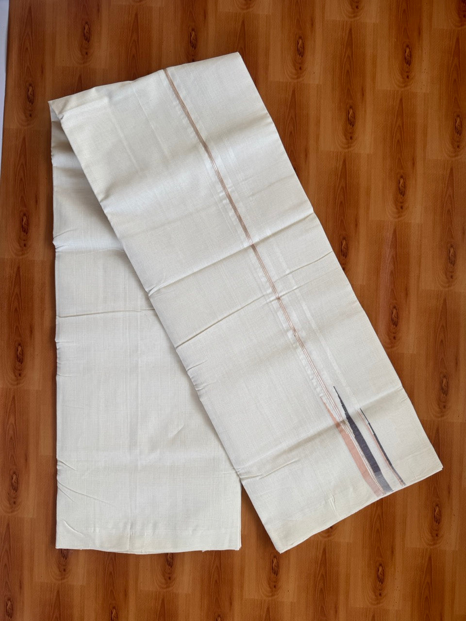 25% Discount!! KaithariKada Handloom Unakkupaav Kerala Handloom 100% Pure Cotton Off White - (Unbleached) Double Mundu/Dothi - 100X80 - 0.75 inch Puliyilakkara Silver Kasav Purple Brown & Light Peach Double chutty Kara 4 meter (8.5 Muzham) - 4 KK5473 REA