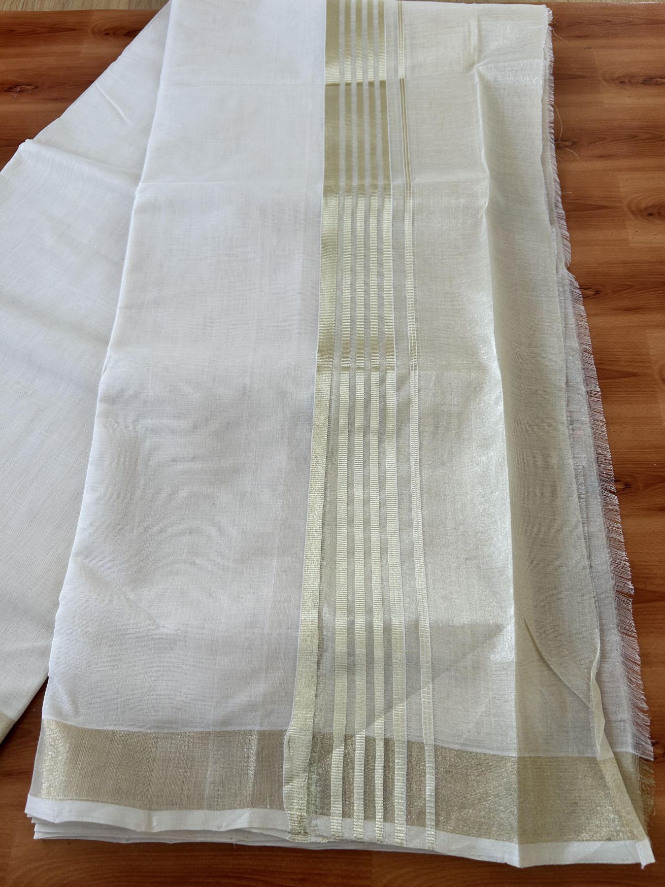 Double Off White - (Unbleached) Mundu/Dhoti - 25% Discount! KaithariKada Handloom Millpaav Kerala Handloom - Pure Cotton - (80X90) - 7 inch Light Gold Kasav Half Tissue Striped Kara 4 mtr (8.5 Muzham) - 3 KK5403 RAM