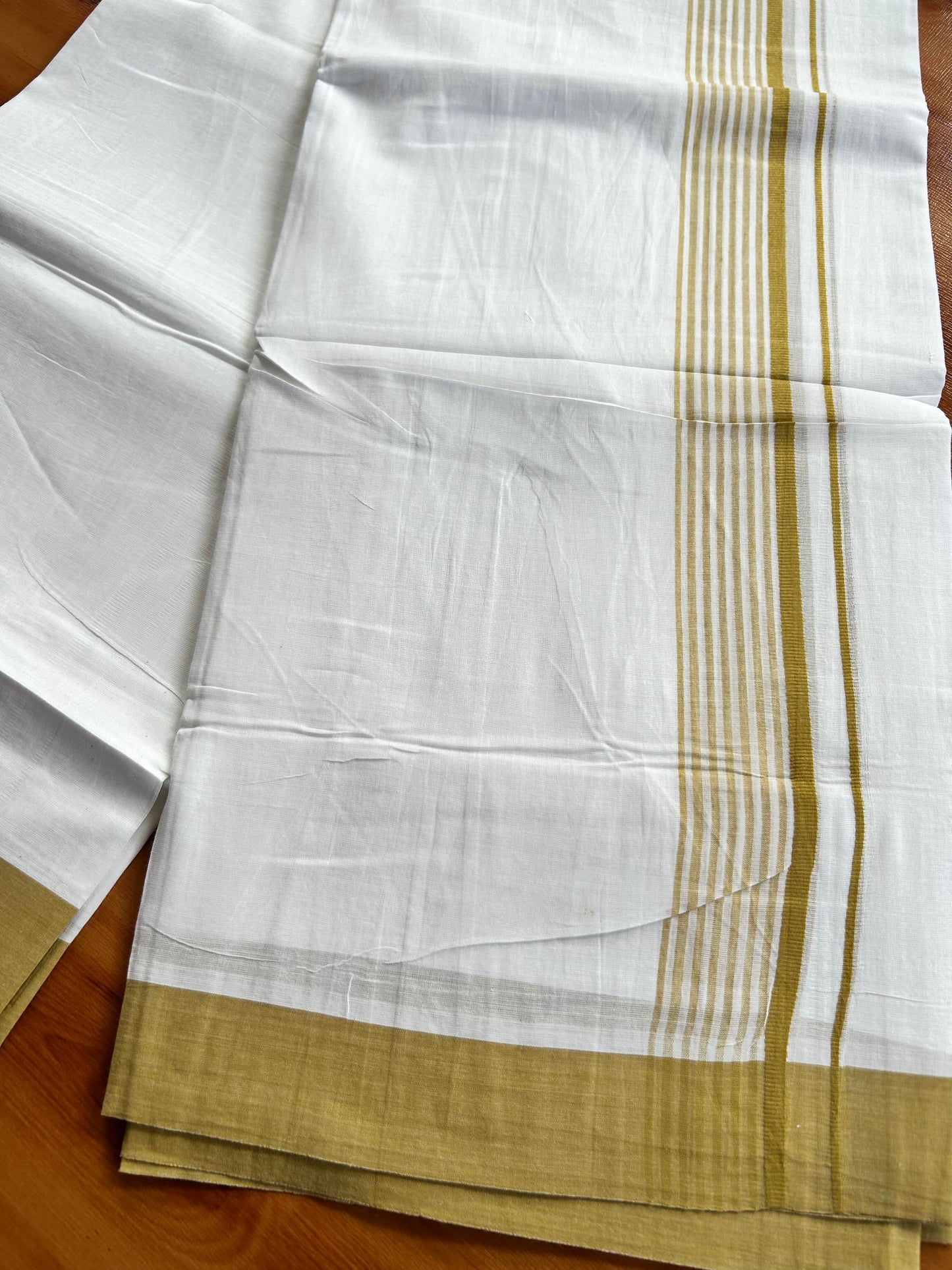 Pure White Double Mundu/Dhoti - 20% Discount ! Kaitharikada Balaramapuram 100% Cotton - 100x80 - 1.5 inch Dark Yellow Stripes Kara 3.80 mtr (8 muzham) - 98 KK5452 THI